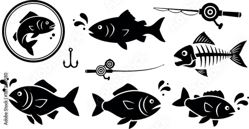 Fish fishing icons with fishing rod hook and fish skeleton vector set for fishing hobby and outdoor activities