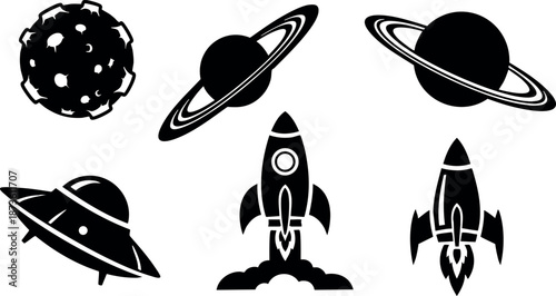 Space icons set with planets, rocket ships, and UFO vector design elements for cosmic and futuristic themes