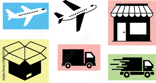 Airplane box store truck delivery icons set with colorful backgrounds vector illustration