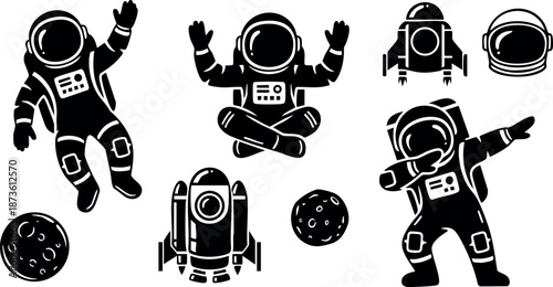 Astronaut silhouette vector set with floating spaceman meditating and pointing in space illustration