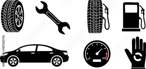 Car maintenance and repair icons featuring tire wrench fuel gauge and hand symbol in black vector set