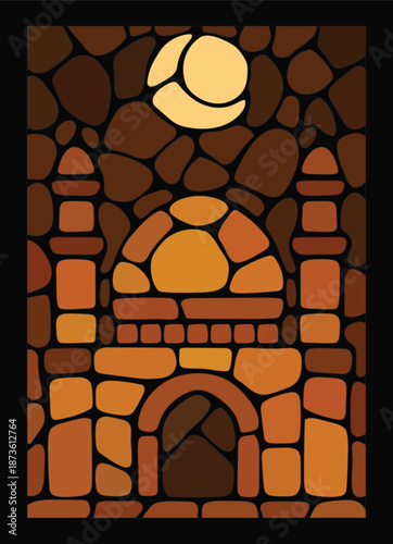 A warm-colored illustration of a mosque-like structure with a dome, twin towers, and celestial motifs - ideal for Islamic-inspired decorative designs.