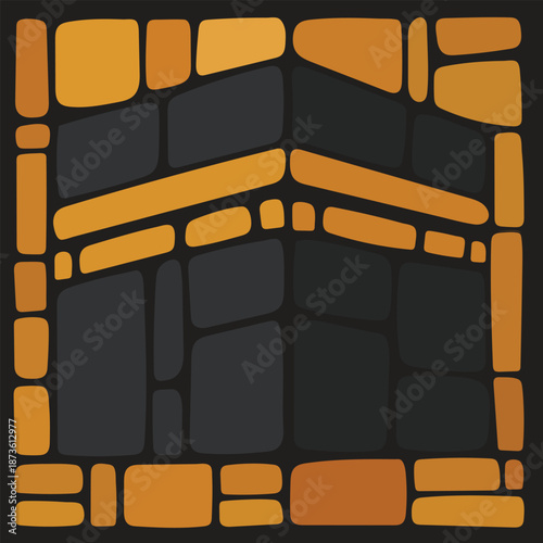 Abstract Mosaic Kaaba Illustration with Golden Accents – Perfect for Islamic Architecture Posters and Hajj-Themed Mobile App Interfaces