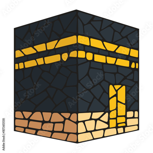 Kaaba mosaic artwork with golden accents and stone textures for Islamic pilgrimage brochures and spiritual educational use.