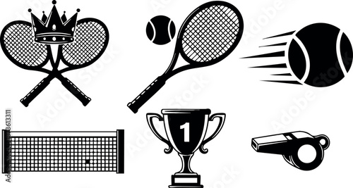 Tennis equipment set with rackets ball net whistle trophy and crown icons in black vector illustration