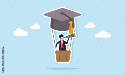 Businessman observing with telescope riding graduation cap balloon illustration of exploring new business opportunities after success in a specific sector