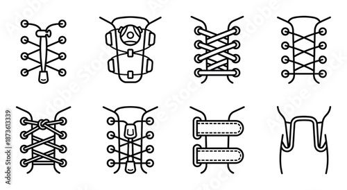 Shoes laces guide icon set various stylish patterns easy tie secure knot tight