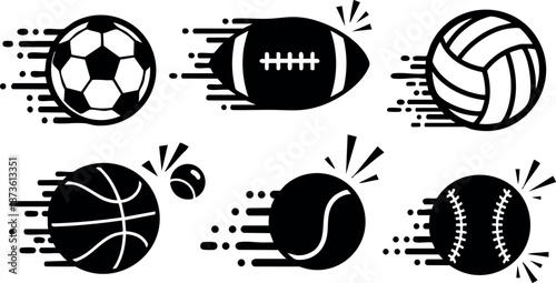 Collection of six dynamic sports balls in motion featuring soccer, football, volleyball, basketball, tennis, and baseball designs vector illustration