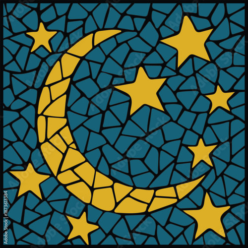A decorative Ramadan illustration in stained-glass mosaic style, highlighting a crescent moon and stars for festive and spiritual design use.