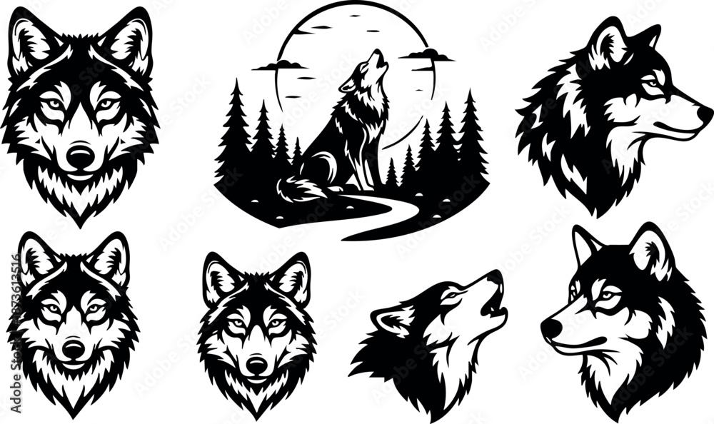 Obraz premium Wolf head and howling wolf silhouette with pine tree forest in full moon vector set