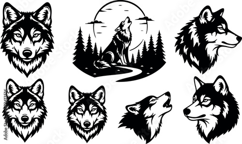 Wolf head and howling wolf silhouette with pine tree forest in full moon vector set
