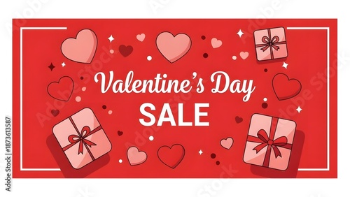Valentine's Day sale banner with hearts and gift boxes on red background.