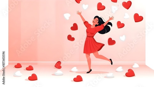 Woman in red dress dancing amidst falling red and white hearts in a room