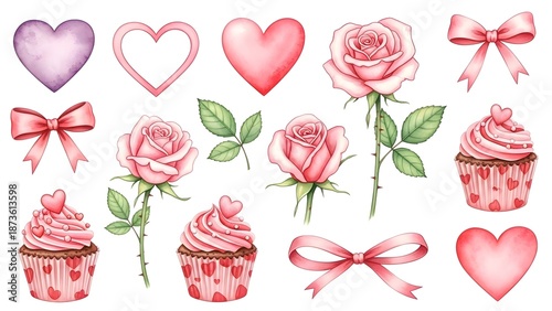 Watercolor illustration of hearts, roses, cupcakes, and bows on white background