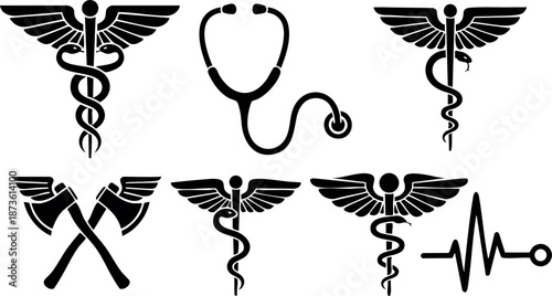 Medical and healthcare symbols including caduceus stethoscope axe and heartbeat vector icons set