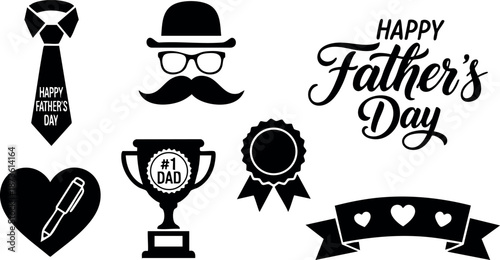 Fathers Day celebration icons with trophy, tie, mustache, heart, and ribbon elements for dad appreciation and love