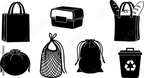 Reusable grocery bags and eco friendly containers black silhouette icons vector design for sustainable shopping and waste reduction