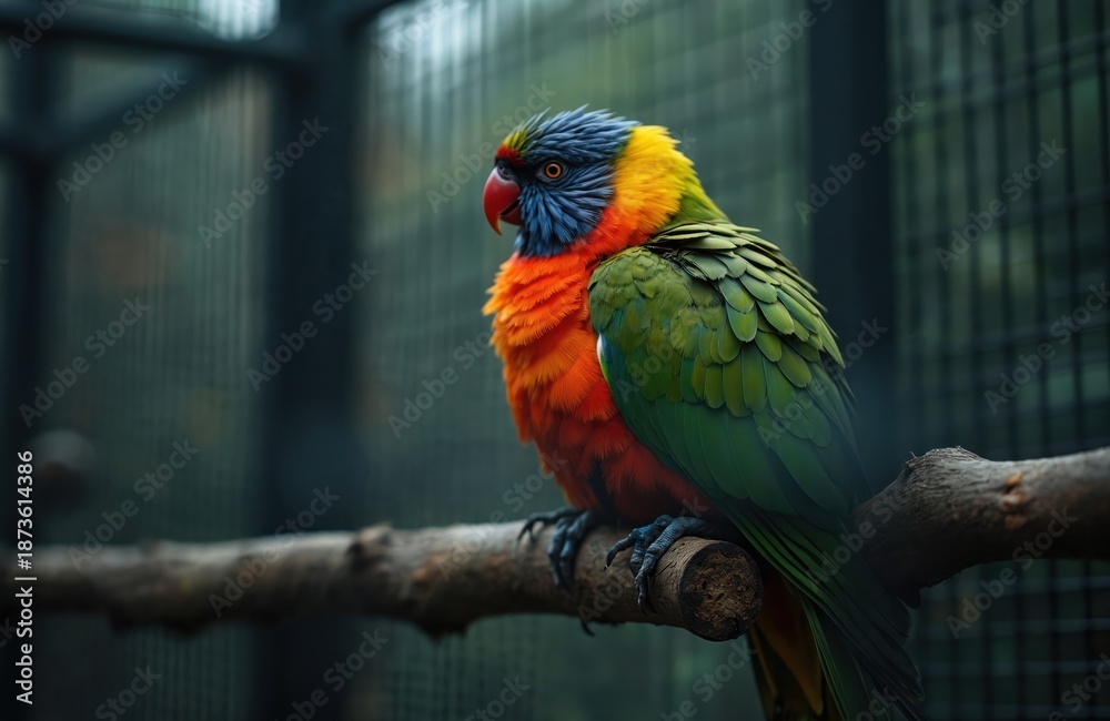 Obraz premium Colorful parrot with vibrant orange blue and green plumage perches on a natural wooden branch inside a bird enclosure. Its sharp beak and alert eyes scan its surroundings.