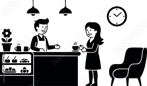 Coffee shop barista serving hot drink to customer in cozy cafe interior with armchair and clock vector illustration