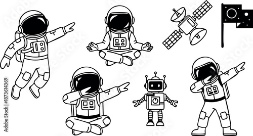 Astronauts in various poses with robot and satellite space exploration vector illustration