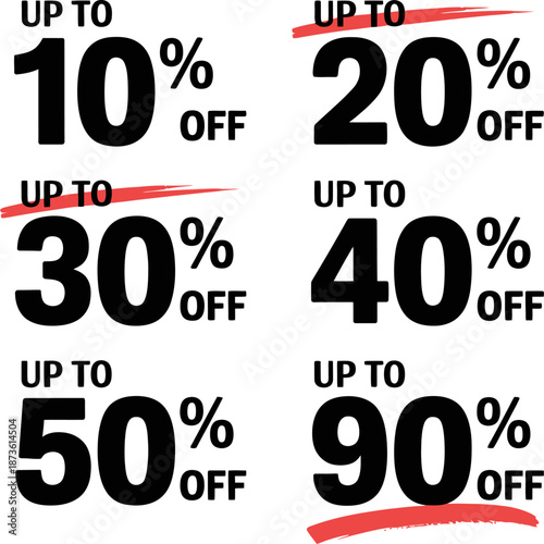Bold promotional discount labels displaying multiple percentage offers, ideal for sales campaigns, retail promotions, marketing banners, and advertising designs.