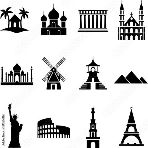 Black silhouette icons of famous world landmarks and monuments representing global travel, culture, architecture, and tourism destinations.