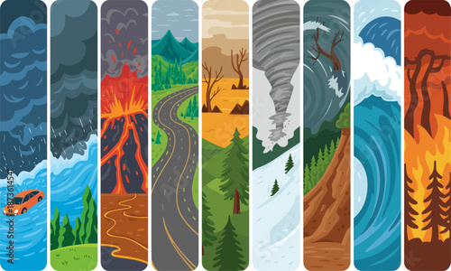 Stylized vertical panels depicting natural disasters and extreme environments, showcasing Earth’s destructive forces in bold, colorful illustration.