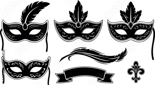 Set of elegant black carnival masks with feathers and decorative elements for festive costume parties and masquerade events vector illustration