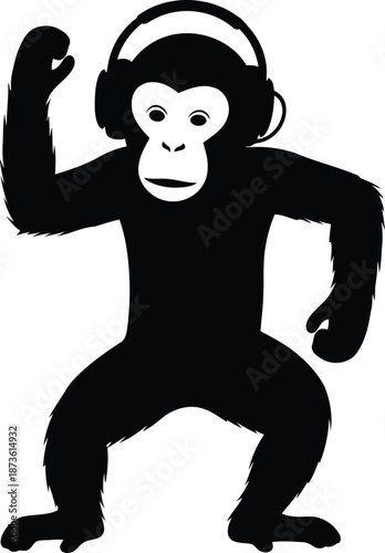 Stylish Monkey Dancing with Headphones in Black Silhouette
