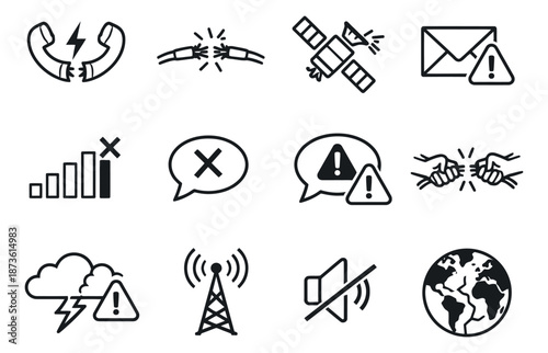 Line art communication error icons set featuring signal loss, broken connections, and warning symbols for digital interface problems