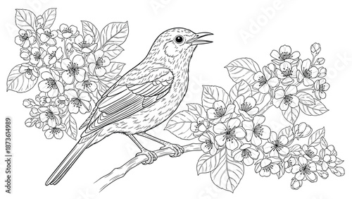 Graceful bird perched on a blossoming fruit tree branch surrounded by intricate flowers and leaves in a detailed black and white illustration.