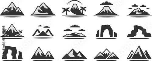 Minimal black mountain landscape icons set featuring peaks, deserts, islands, rocks, and hills in clean silhouette style.