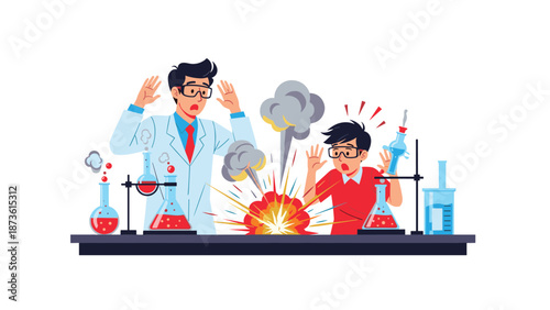 Two scientists in white lab coats reacting with shock and surprise to a small explosion occurring during a chemistry experiment.