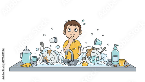 Overwhelmed young boy standing in front of a kitchen sink piled high with dirty dishes and soap suds in a messy kitchen scene.