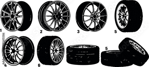 Car wheels and tires vector set with various rim designs and tread patterns for automotive design and repair projects