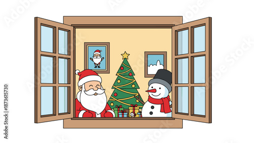 Santa Claus and a friendly snowman peer through a window at a decorated Christmas tree with presents tucked underneath it.