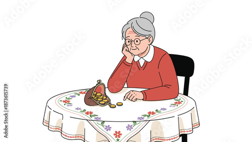 Elderly woman with gray hair sits at a floral tablecloth and carefully counts gold coins coming out of a brown leather purse.