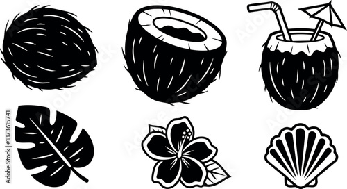 Coconut fruit tropical leaf flower shell black silhouette vector design icons collection illustration