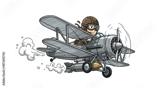 Retro cartoon biplane piloted by a determined aviator flies through the sky with a large bomb attached to the landing gear.