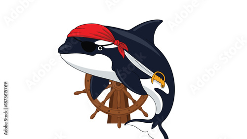 Fierce cartoon orca whale dressed as a pirate wears a red bandana and an eye patch while holding a sharp cutlass in its fin.