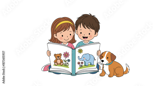 Two young children sit on the floor and read a picture book together while a small puppy watches them with interest and curiosity.