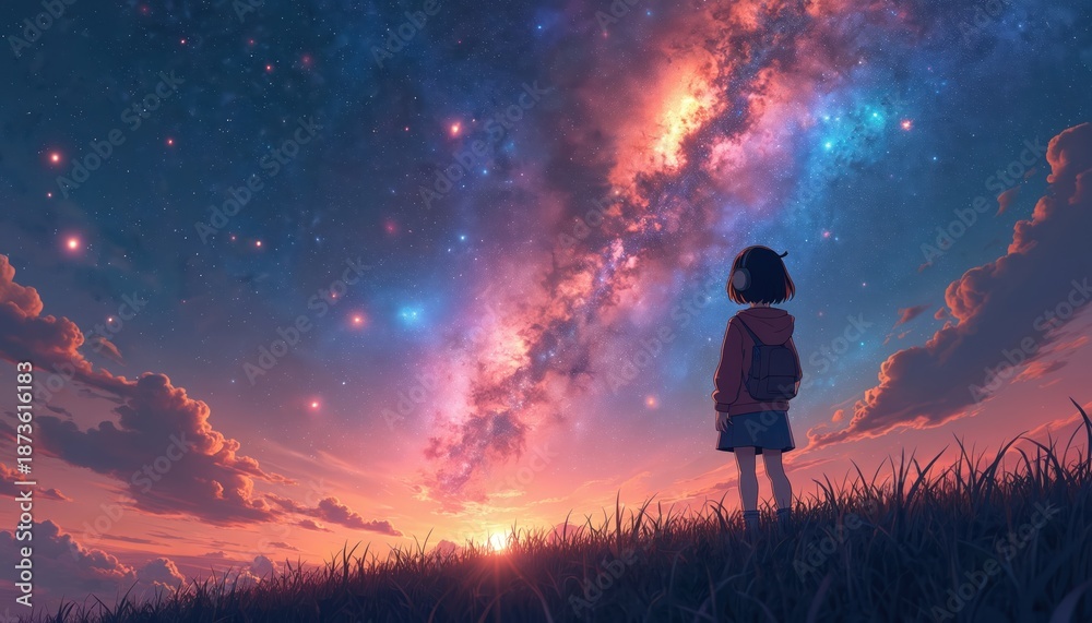 Fototapeta premium Anime girl with headphones looks at colorful nebula and stars in night sky. Peaceful scene with grass in foreground during sunset. Young woman enjoys cosmic view.