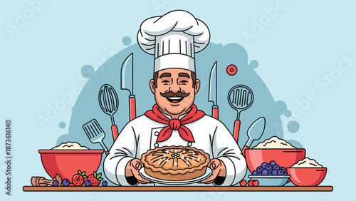 Proud chef in a white uniform and hat presents a freshly baked fruit pie while surrounded by bowls of berries and kitchen tools.