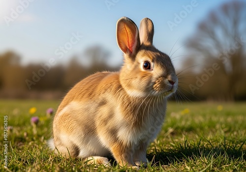 Small light brown lagomorph sits attentively in bright grassy field outdoors