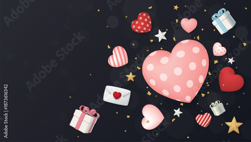 3D heart balloons many designs floated with star, giftboxes, love letter and golden confetti on soft bokeh blurred black background have blank space.