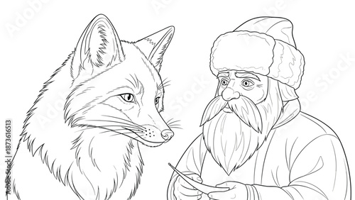 Detailed line art illustration of a large fox sitting and looking at an elderly man with a long beard who is wearing a winter hat.