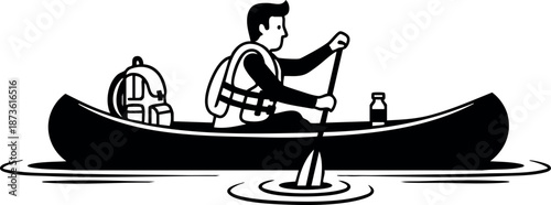 Canoe paddler on calm water with backpack and bottle outdoor activity vector illustration