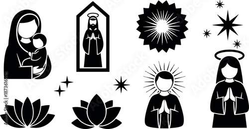 Religious icons and symbols featuring virgin mary with baby and praying saints vector illustration