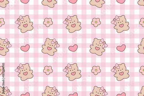 Cute teddy bear and heart pink gingham seamless pattern