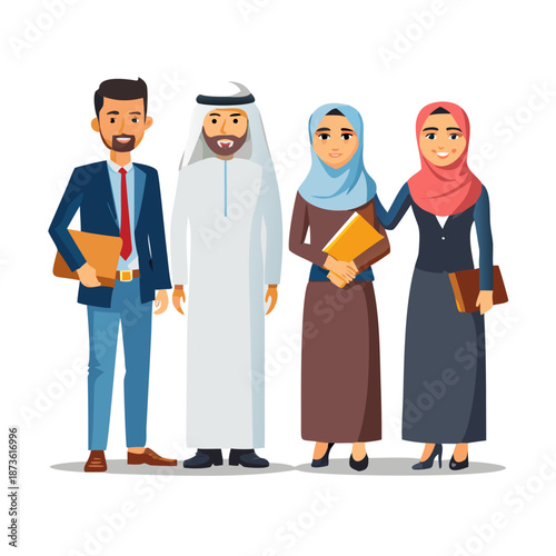 set different arabic business couple standing together arab man woman wearing traditional clothes arabian cartoon characters collection full length flat white background horizontal
